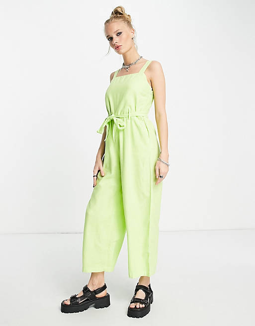 Stroomopwaarts Monica Gestaag Only square neck linen culotte jumpsuit in green | ASOS