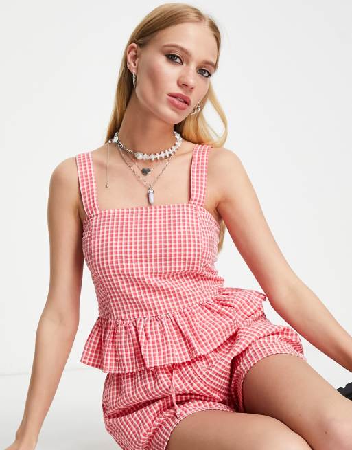 andmary♡Rimma check set tops Only square neck peplum top in red gingham - part of a set