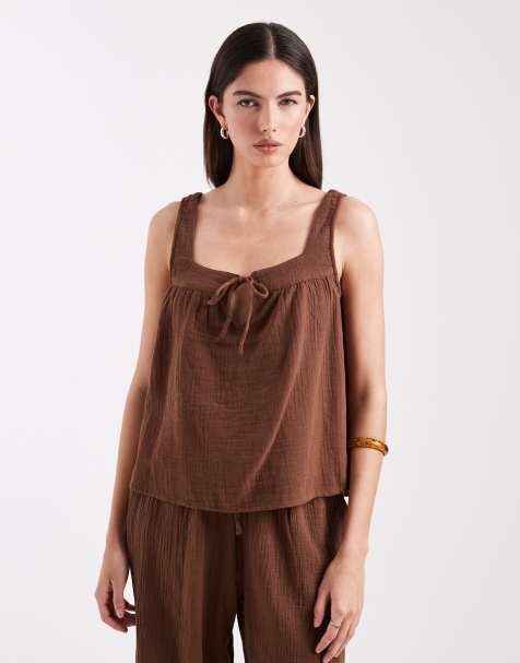 ONLY square neck sleeveless cheesecloth top in brown (part of a set) - view 1
