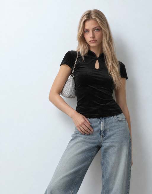 ONLY stand up collar short sleeve velvet top in black, 10 of 10