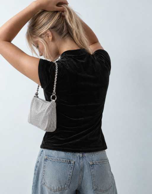 ONLY stand up collar short sleeve velvet top in black, 6 of 10