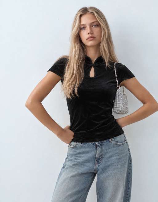ONLY stand up collar short sleeve velvet top in black, 8 of 10