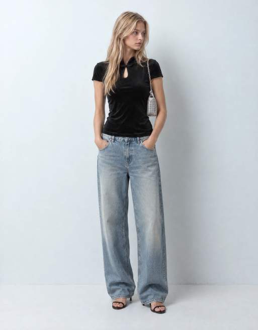 ONLY stand up collar short sleeve velvet top in black, 9 of 10