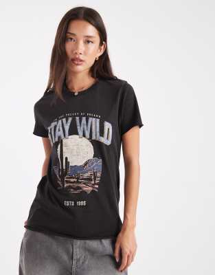 Only Stay Wild Print T-shirt In Black