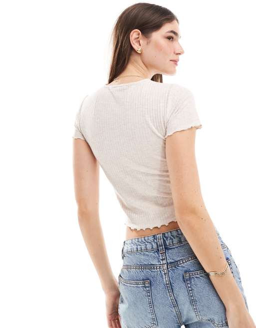 Only – Stenfärgad, kort t-shirt med uddkant , 4 av 4