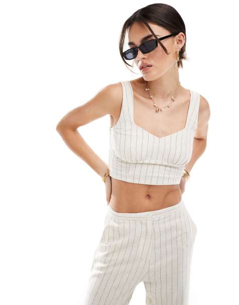 ONLY – Stenfärgad kritstrecksrandig crop top av linnemix, del av set - view 1