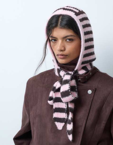 ONLY stickad mössa med knytband i rosa och burgundy-ränder - view 1
