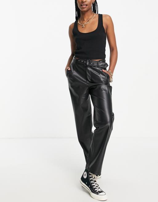 Leather look clearance belted trousers