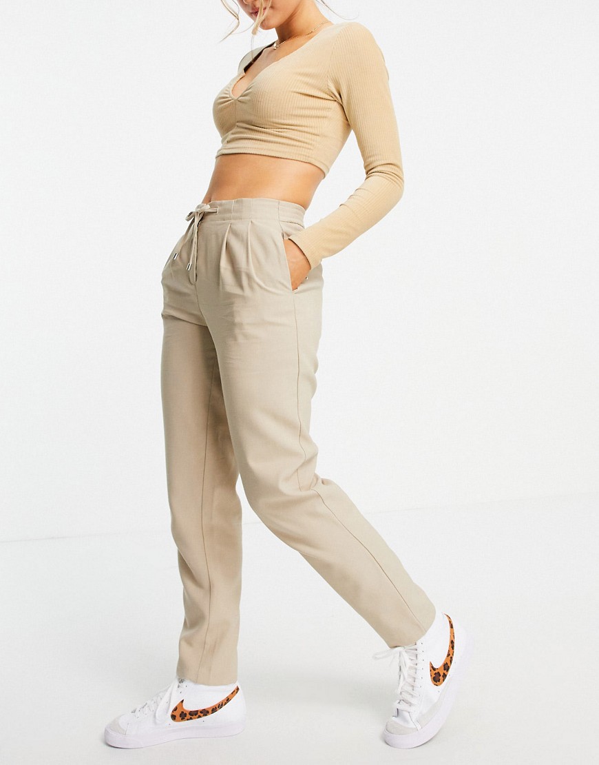 Only straight leg pants set with tie waist in beige-Neutral