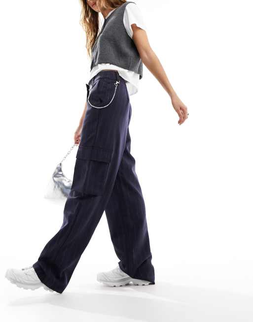 Only straight leg tailored cargo pants with chain detail in black pinstripe 