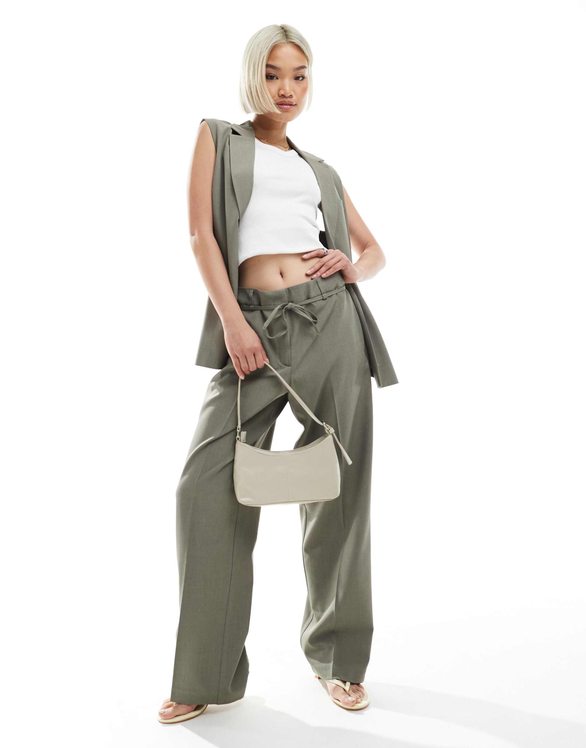 only straight leg tailored pants with string detail in sage gray - part of a set