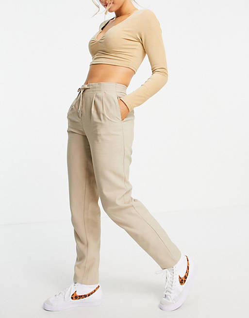 Only straight leg trouser co-ord with tie waist in beige