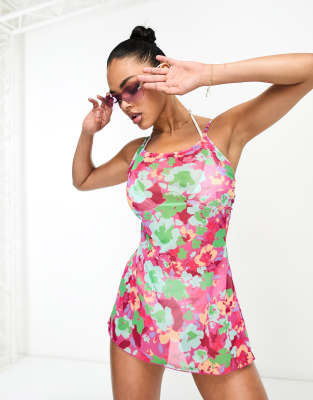 Only – Strandkleid in Rosa geblümt mit Bindedetail am Rücken