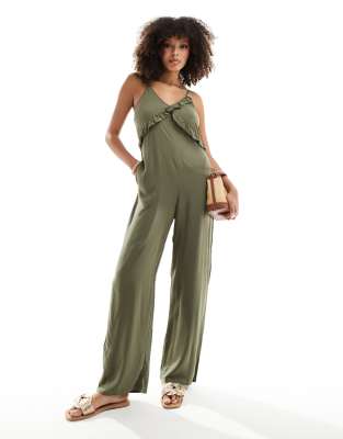 Only Strappy Frilled Wide Leg Jumpsuit In Khaki-green