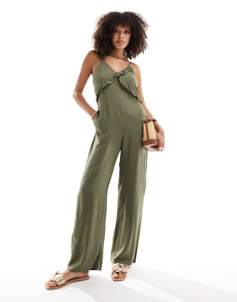 ONLY strappy frilled wide leg jumpsuit in khaki - view 1