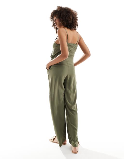 ONLY strappy frilled wide leg jumpsuit in khaki