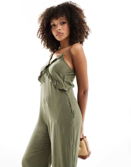 ONLY strappy frilled wide leg jumpsuit in khaki