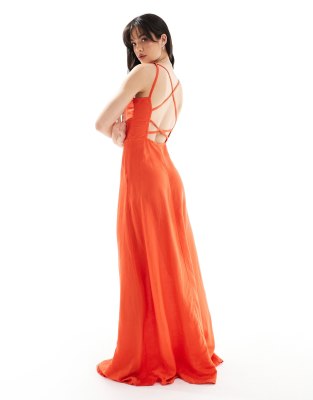 Only Strappy Linen Mix Maxi Dress In Red