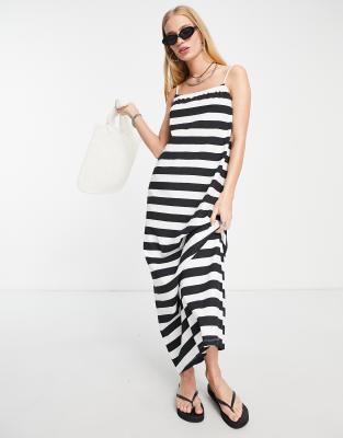 Only Maxi Cami Sundress In Black & White Stripe-multi