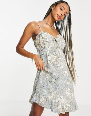 ONLY strappy tie front mini cami dress in cream paisley print