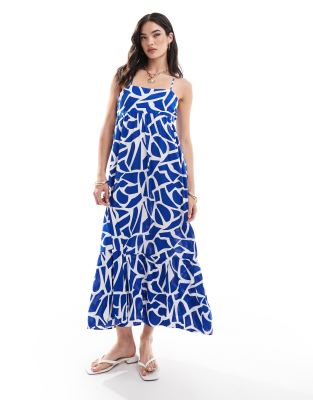 ONLY ONLY strappy tiered maxi dress in blue abstract print