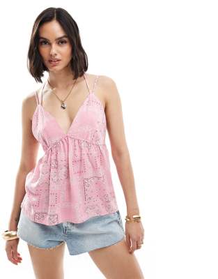 Only Strappy Top With Bandana Print In Light Pink