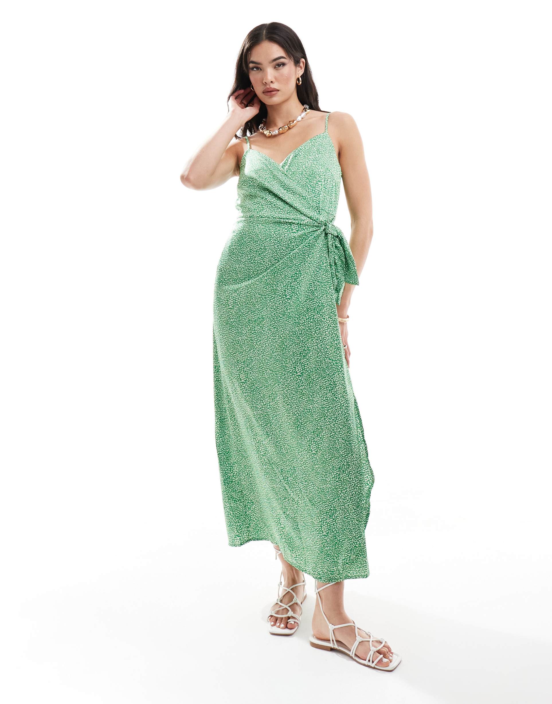 only strappy wrap dress in green mini leopard