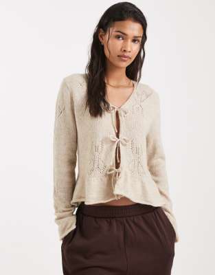 ONLY - Strickjacke in Cremeweiß mit Wollanteil und gebundener Vorderseite