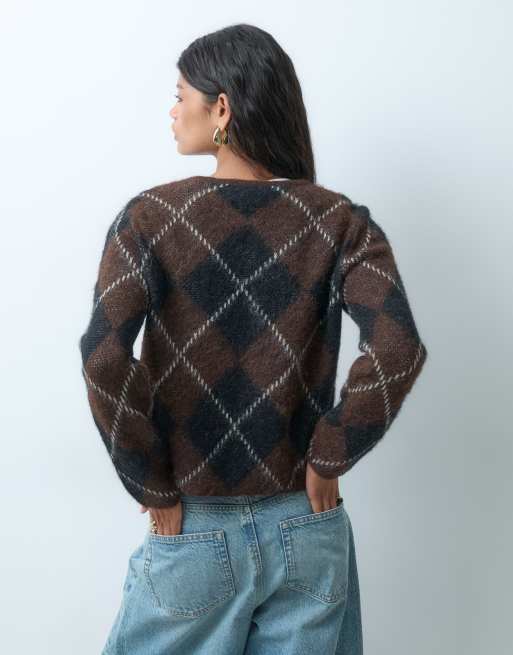 ONLY Strickjacke mit Argyle-Muster in Dunkelbraun, 2 von 4