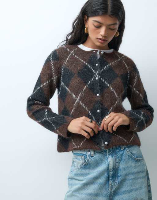 ONLY Strickjacke mit Argyle-Muster in Dunkelbraun, 3 von 4