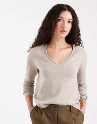 ONLY - Strickoberteil in Dunkelbeige mit V-Ausschnitt-Neutral