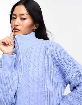 Only - Strickpullover in Hellblau mit Zopfmuster und halblangem Reißverschluss