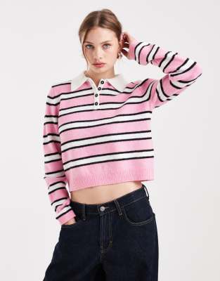 ONLY - Strickpullover in Rosa mit Streifen und Polokragen