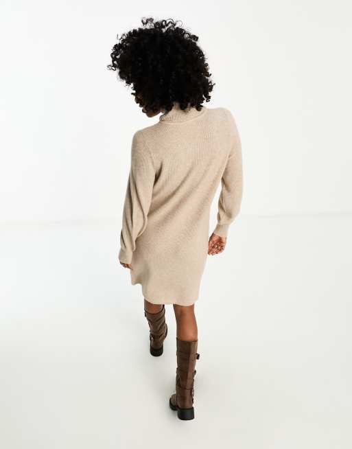 Only - Strikket midi-sweaterkjole med pufærmer og rullekrave i beige , 2 af 4