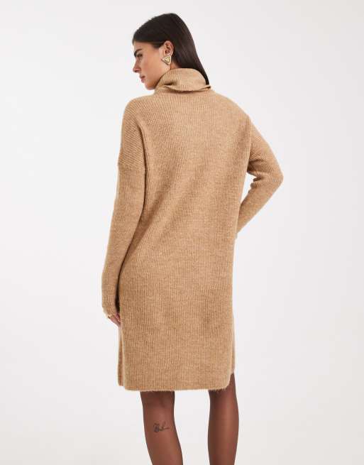 Only - Strikket mini-sweaterkjole med rullekrave i beige  , 2 af 4