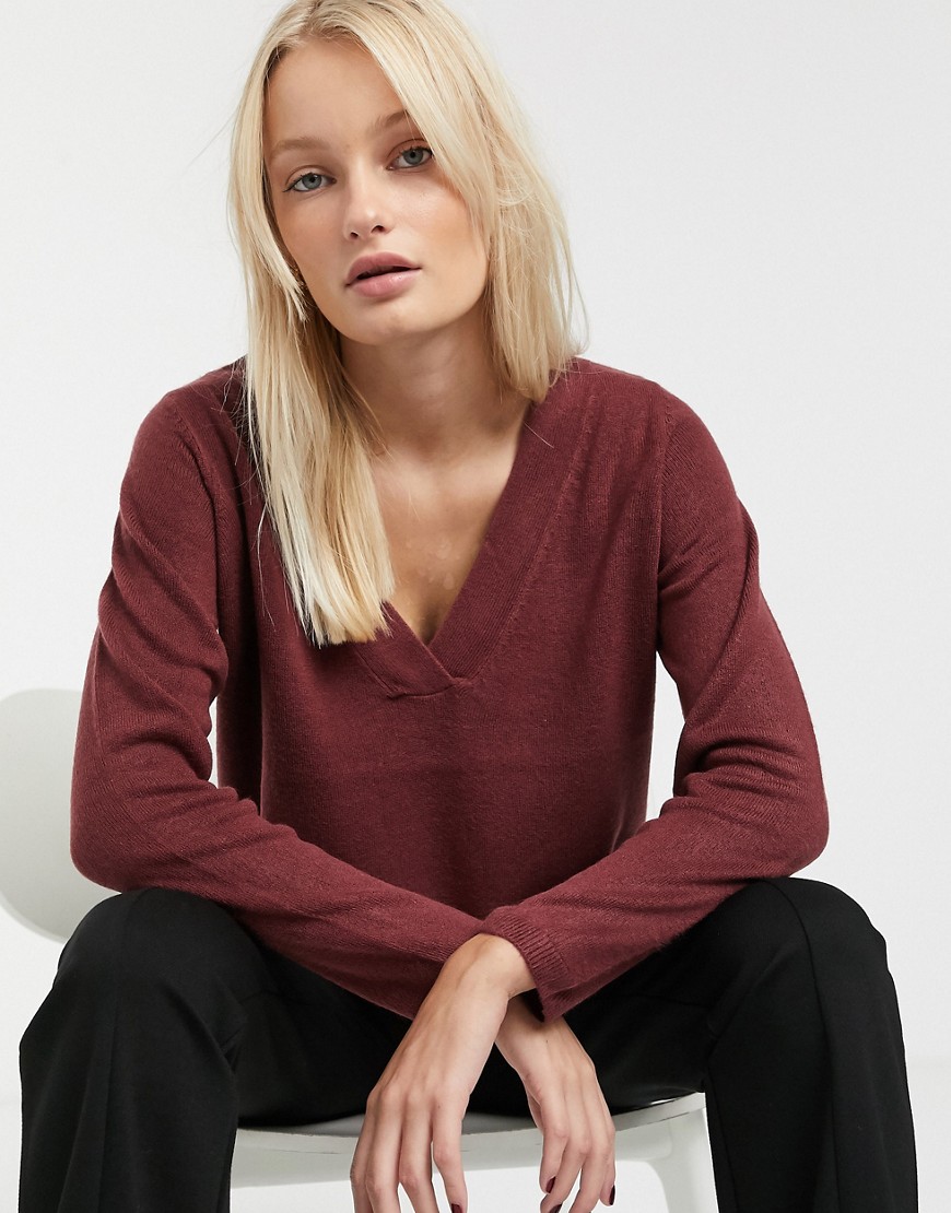 Only - strikket pullover trøje med v-udskæring og lange ærmer-Rød