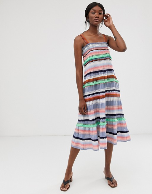 Only stripe embroidered midi dress