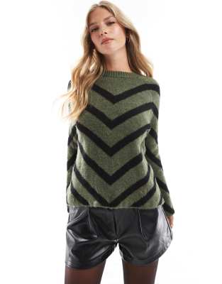 stripe knitted sweater in dark green-Gray