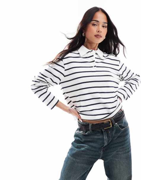 ONLY stripe long sleeve polo in white & navy - view 1
