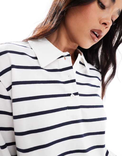 ONLY stripe long sleeve polo in white & navy