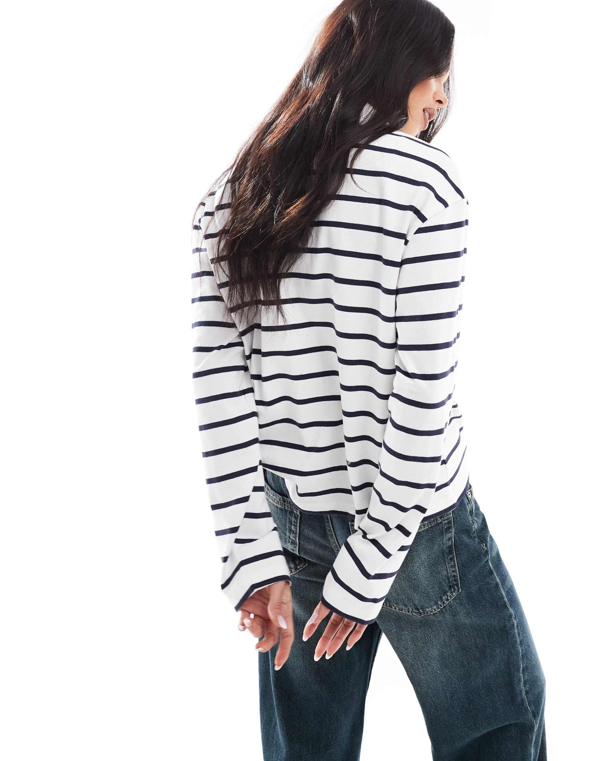 only stripe long sleeve polo in white & navy