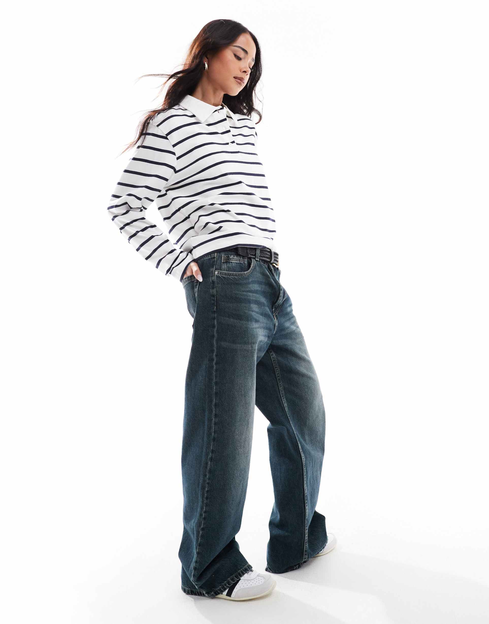 only stripe long sleeve polo in white & navy