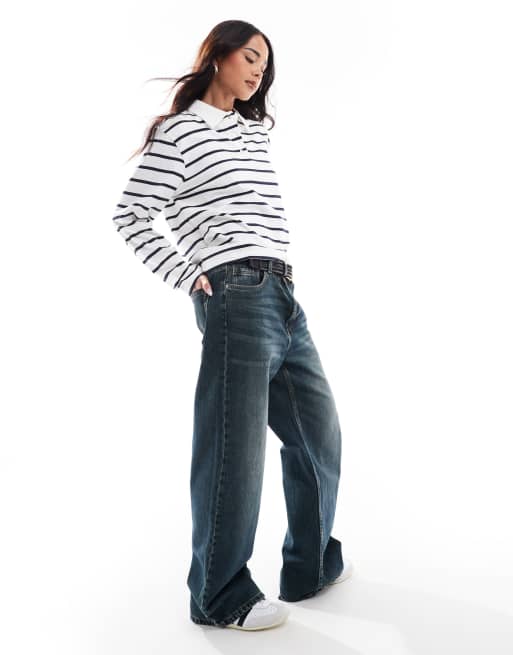 ONLY stripe long sleeve polo in white & navy