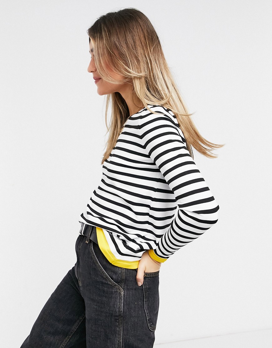Only striped fine knit sweater with yellow trim in black and white stripe