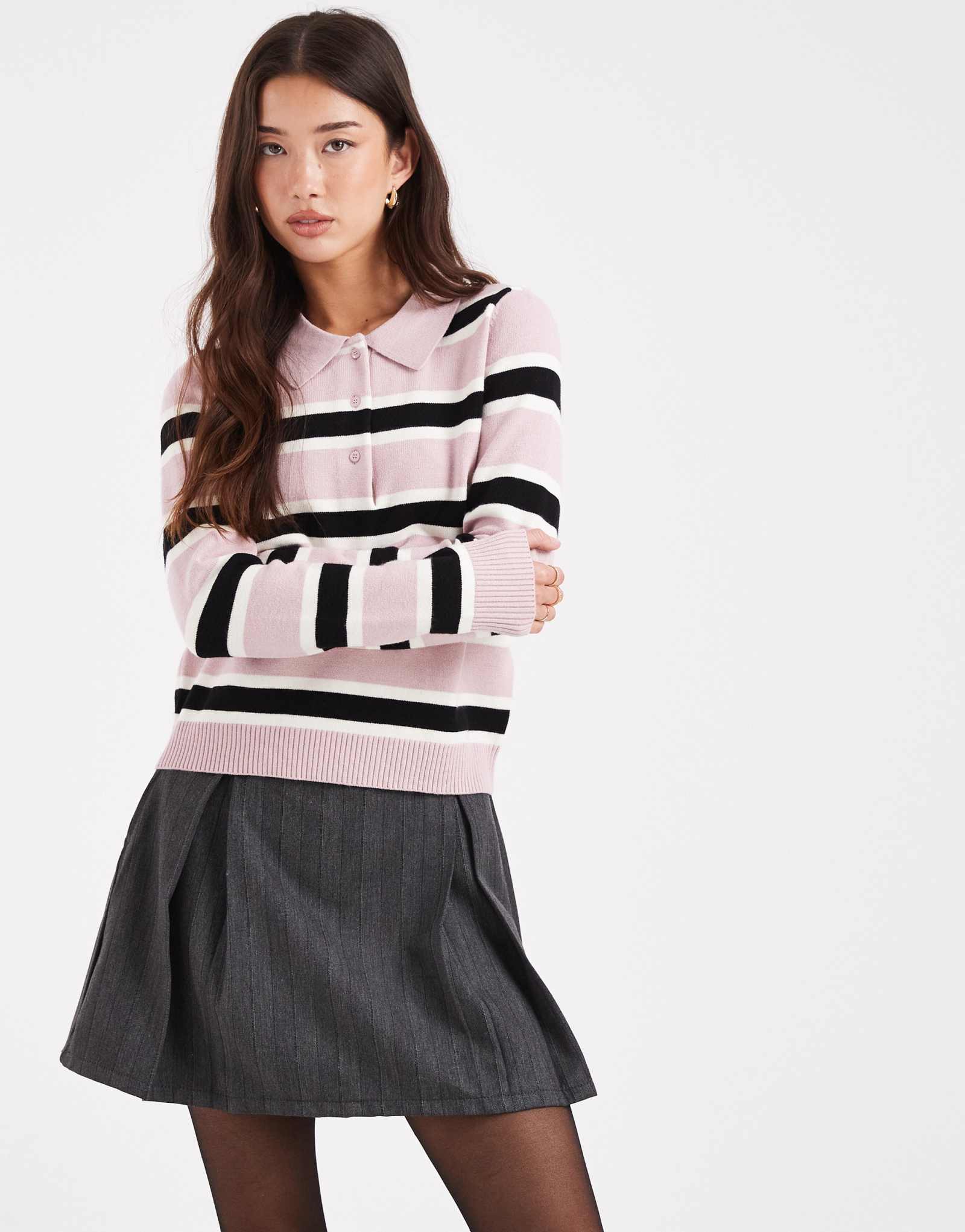 ТОЛЬКО вязаное поло в полоску розового цвета