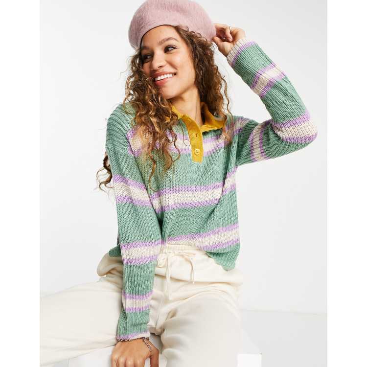 Only striped knitted polo jumper in green | ASOS