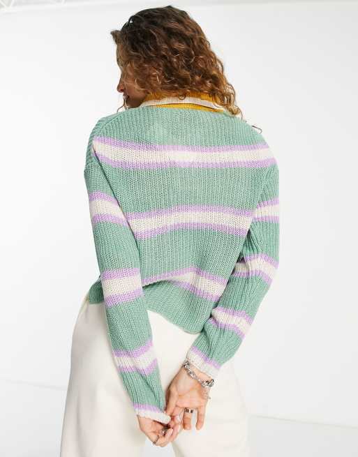 Only striped knitted polo jumper in green, 2 of 4