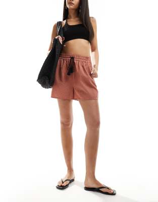 striped linen mix shorts with tassel tie in rust brown