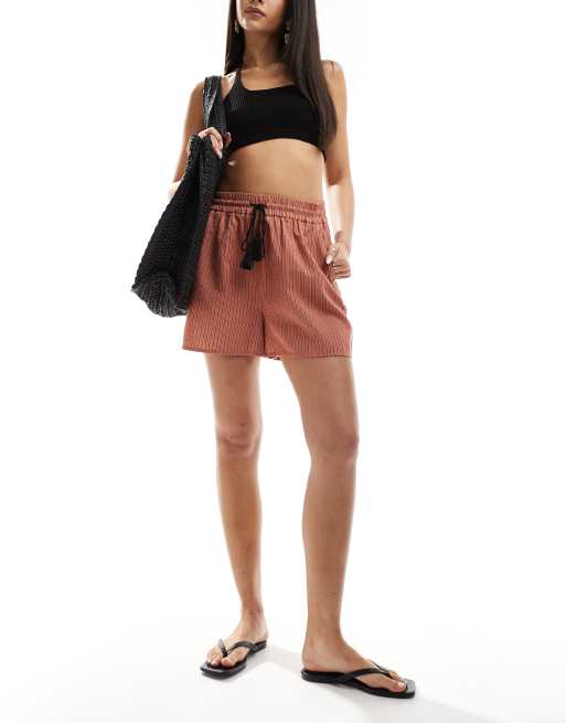 ONLY striped linen mix shorts with tassel tie in rust brown