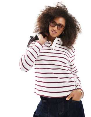 striped long sleeve polo in white & burgundy-Red